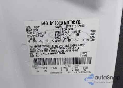 2011 Ford F-150 Xlt z USA, uszkodzony, nr VIN 1FTFX1CF4BKD26676